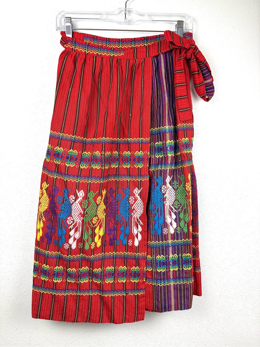 VTG Guatemalan Hand-Woven Red Multicolor Wrap Skirt 100% Cotton, See Measurement